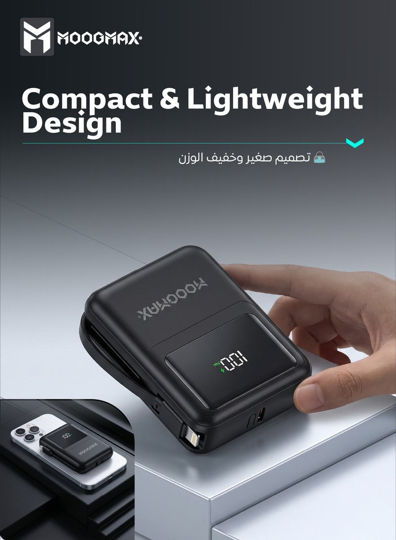 موجماكس باور بانك لاسلكي 10000 مللي امبير. شاحن متنقل صغير جدا بكيابل مدمجة (شاحن تايب سي& شاحن يو اس بي). باور بنك يدعم الشحن اللاسلكي ماج سيف. باور بانك مغناطيسي بقوة شحن سلكي 22.5 واط. بطاريه متنقله بشاشة رقمية. شاحن لاسلكي ايفون، سامسونج، هواوي، شومي وغيرها. - Image 4